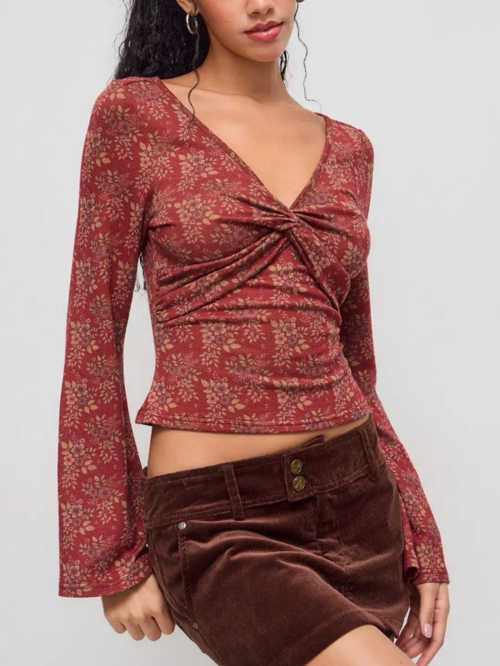 NWT Cider Floral Twist-Front Long-Sleeve Top M